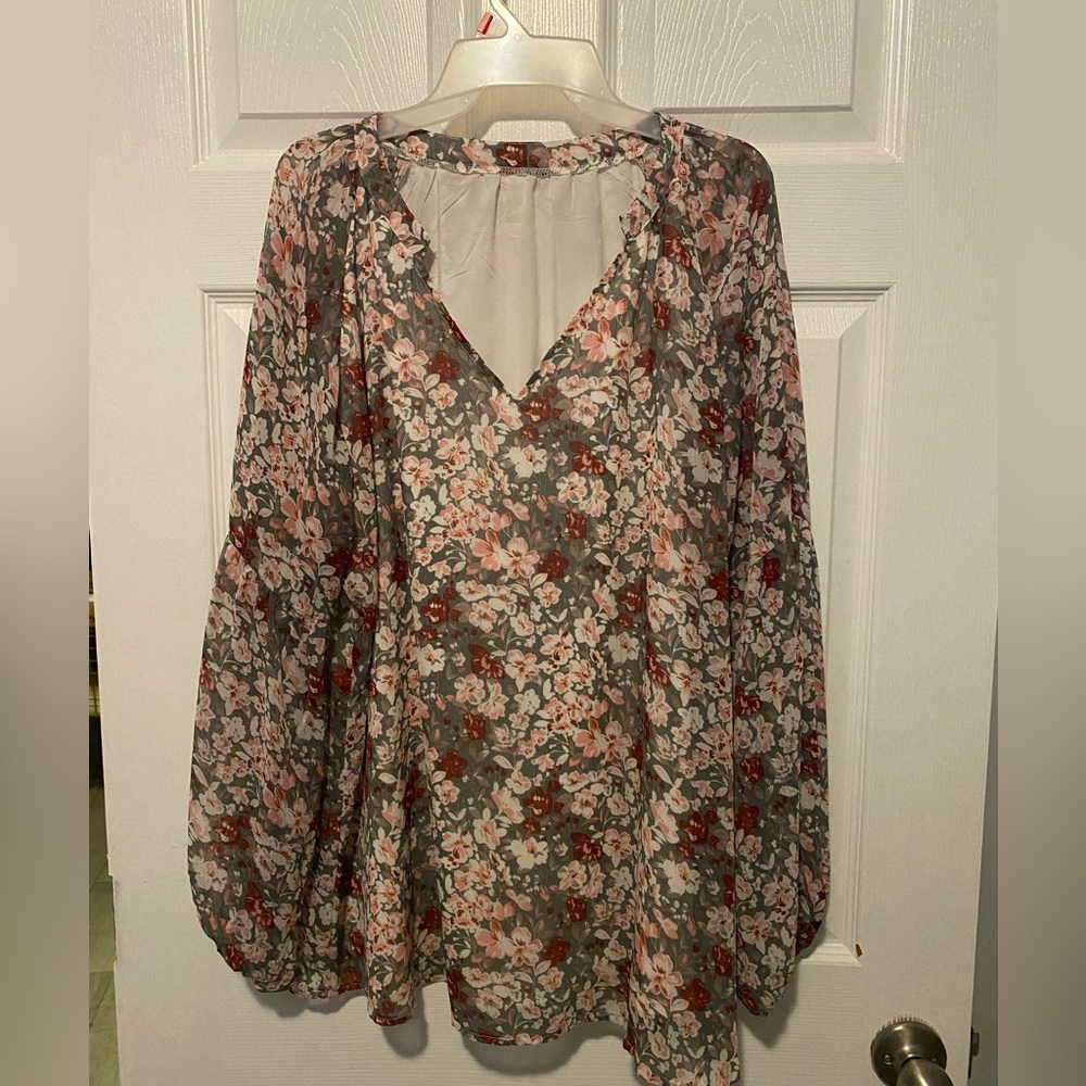 Floral V-Neck Blouse - Pink and Gray